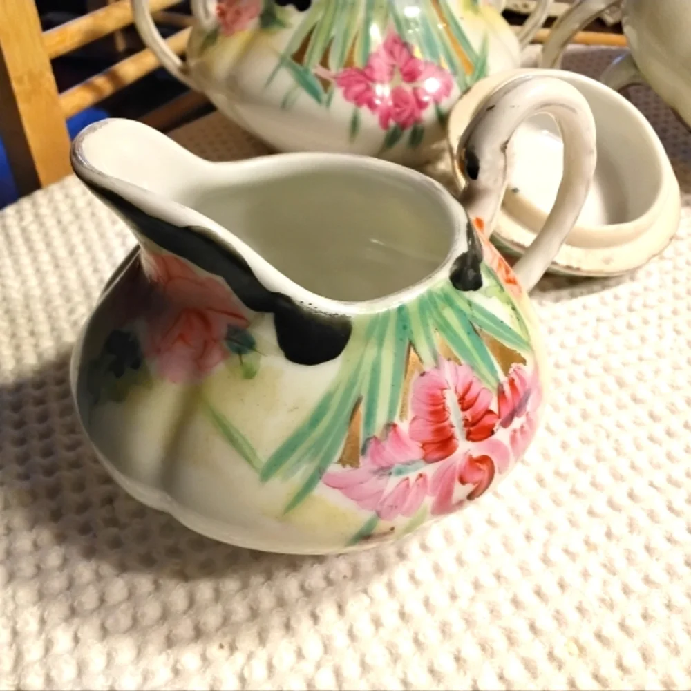 Antique Teapot/Cream & Sugar Dish Unmarked Early Twentieth Century Floral